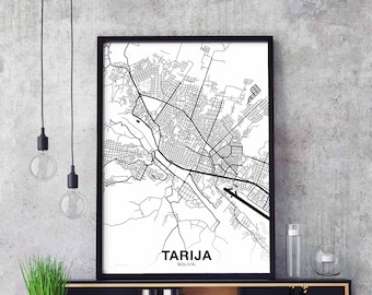 TARIJA Bolivia map poster black white Hometown City Print Modern Home Decor Office Decoration Wall Art Dorm Bedroom Gift