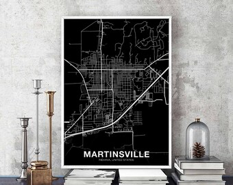 MARTINSVILLE Indiana IN USA map poster black white Hometown City Print Modern Home Decor Office Decoration Wall Art Dorm Bedroom Gift