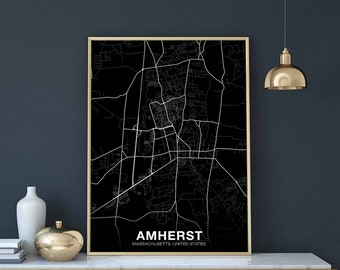 AMHERST Massachusetts MA US map poster black white Hometown City Print Modern Home Decor Office Decoration Wall Art Dorm Bedroom Gift
