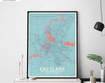 EAU CLAIRE Wisconsin USA map poster black white Hometown City Print Modern Home Decor Office Decoration Wall Art Dorm Bedroom Gift