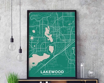 LAKEWOOD Washington night blue poster Hometown City Print Modern Home Decor Office Decoration Wall Art Dorm Bedroom Gift