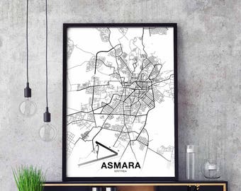ASMARA Eritrea map poster black white Hometown City Print Modern Home Decor Office Decoration Wall Art Dorm Bedroom Gift cartography