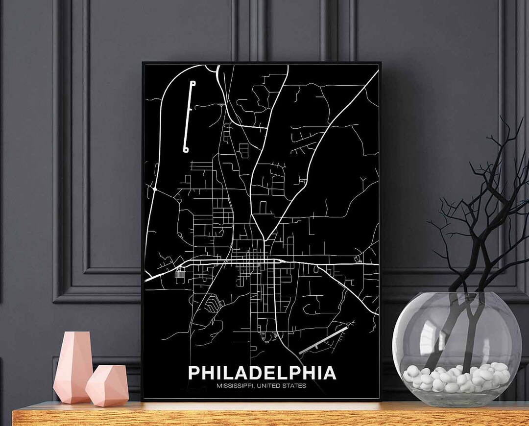 Philadelphia Ms PHILADELPHIA Mississippi MS USA Map Poster Black White Hometown City ...