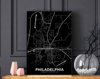 PHILADELPHIA Mississippi MS USA map poster black white Hometown City Print Modern Home Decor Office Decoration Wall Art Dorm Bedroom Gift