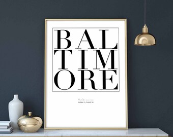 Baltimore minimal typography art print poster black white wall decor design modern swiss scandinavian nordic inspiration city