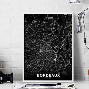 Póster de mapa de Burdeos, Francia, en blanco y negro, impresión de ciudad natal, decoración moderna para el hogar, decoración de oficina, arte de pared, dormitorio, regalo