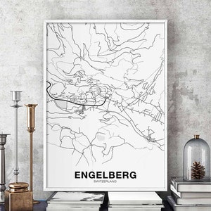 ENGELBERG Suisse carte affiche noir blanc ville natale ville impression moderne décor à la maison bureau décoration mur art dortoir chambre cadeau
