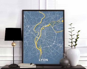 LYON France map poster colors Hometown City Print Modern Home Decor Office Decoration Wall Art Dorm Bedroom Gift