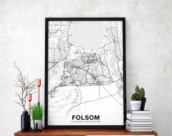 FOLSOM California CA USA map poster black white Hometown City Print Modern Home Decor Office Decoration Wall Art Dorm Bedroom Gift