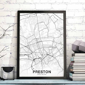 PRESTON grande-bretagne royaume-uni carte affiche ville natale ville impression moderne décor à la maison bureau décoration mur art dortoir chambre cadeau