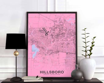 HILLSBORO Oregon OR US map poster color Hometown City Print Modern Home Decor Office Decoration Wall Art Dorm Bedroom Gift