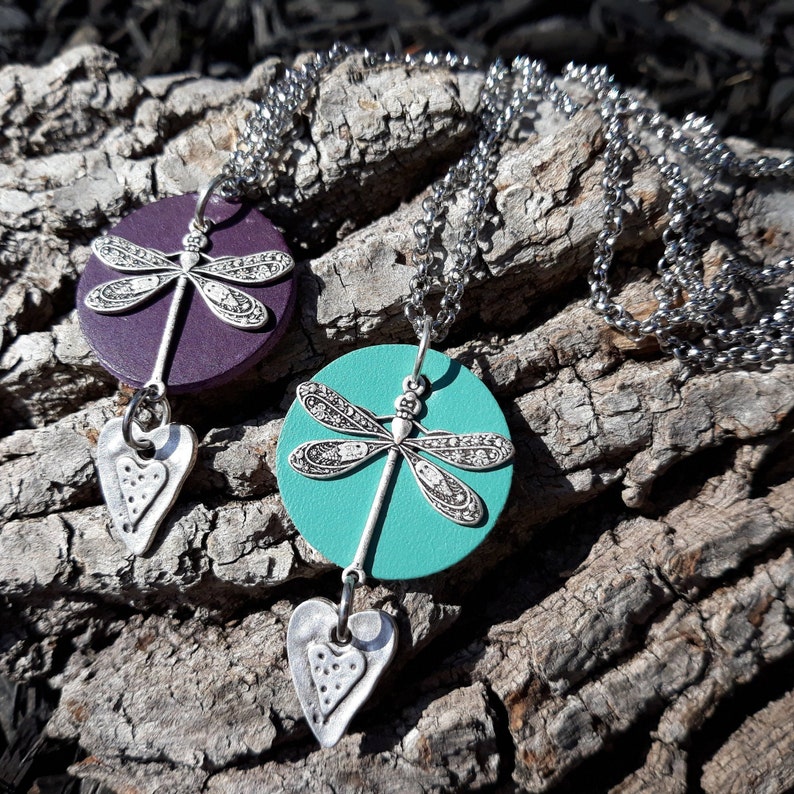 Dragonfly heart necklace Heart necklace Dragonfly necklace Gift for her BFF necklace Leather dragonfly jewelry mothers day gift