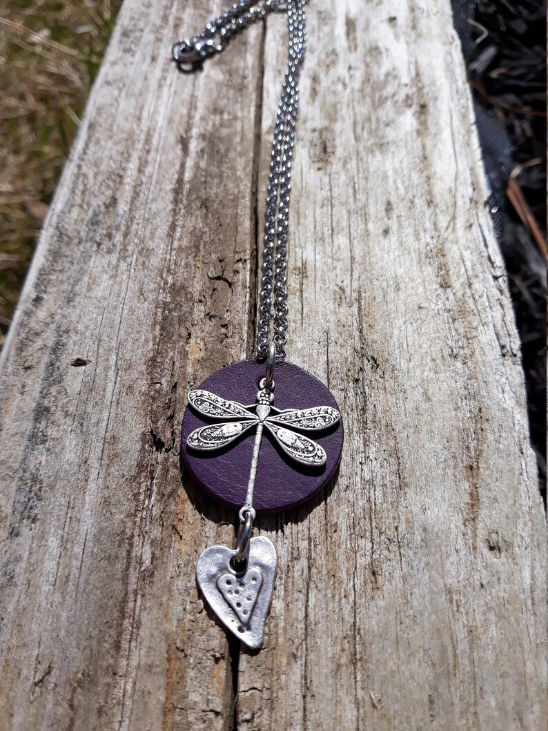 Dragonfly heart necklace Heart necklace Dragonfly necklace Gift for her BFF necklace Leather dragonfly jewelry mothers day gift