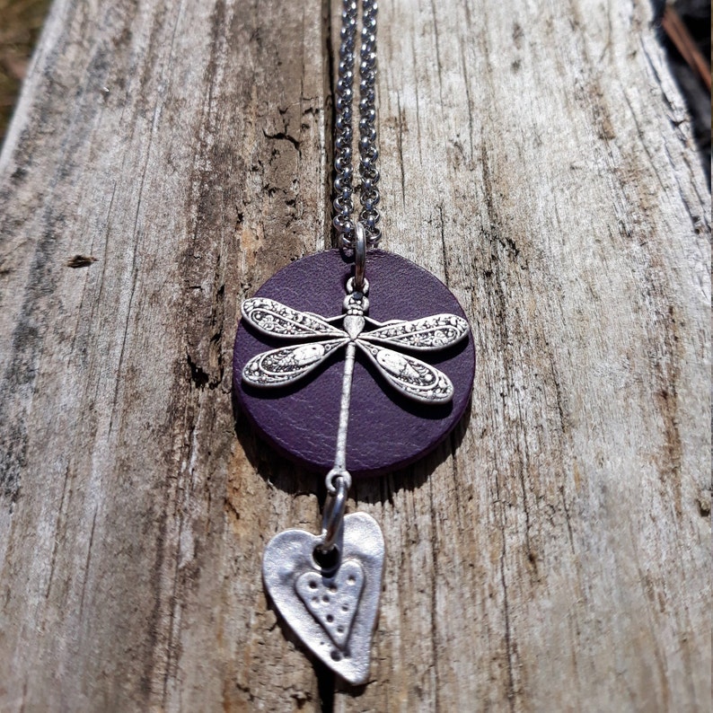 Dragonfly heart necklace Heart necklace Dragonfly necklace Gift for her BFF necklace Leather dragonfly jewelry mothers day gift