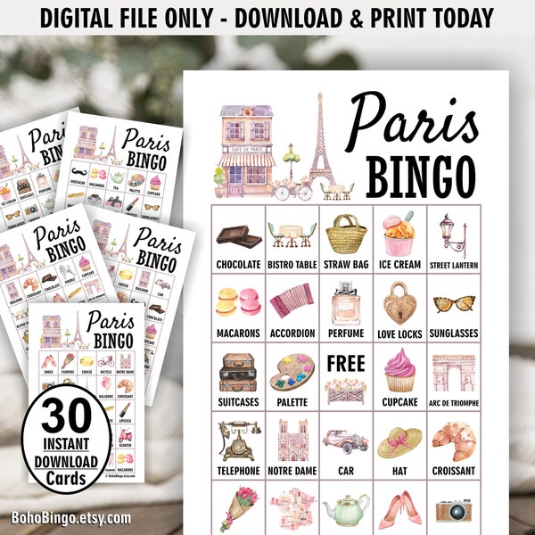 Paris / Eiffel Tower / Prefilled / Bingo / 30 files / bridal shower birthday baby game pictures / Parisian / French / Cafe /PDF files P1 222