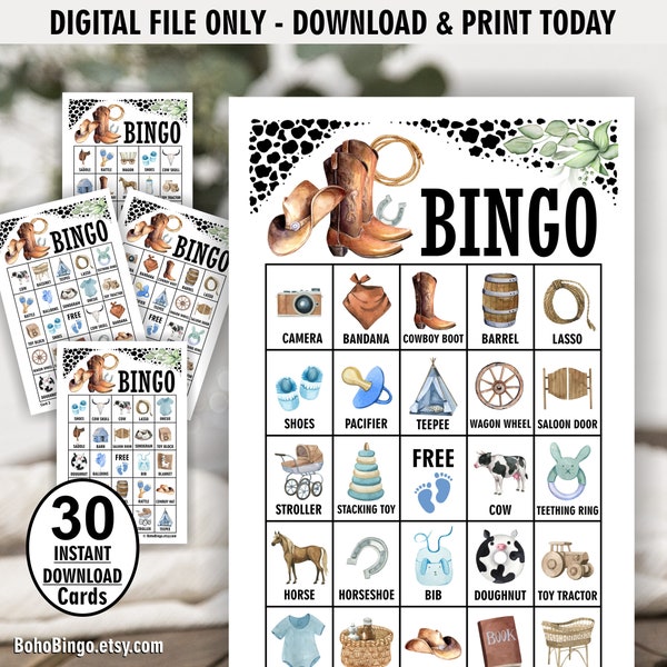 Blue boy / Cowboy / Prefilled / 30 DIGITAL FILES / Bingo Cards / baby shower / farm animals birthday game rodeo western boots CW2 112