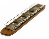 Solid teak wood relish tray with glass inserts for pickles, onion, olives or sauces. Design Kastrup Holmegaard, Denmark 1960s
