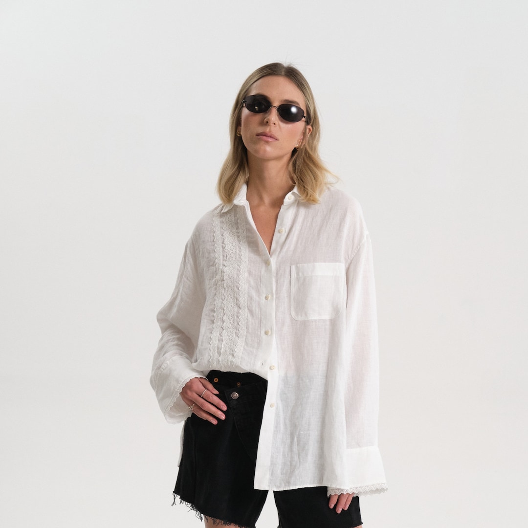 White Linen Shirt, Women Linen Blouse, Classic Linen Shirt, Oversize — free download