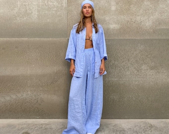 Three-pieces costume, Resort comfort wear, Women Loungewear, Linen natural suit, Loose fitted pajama, Wide leg pants with pockets and shirt