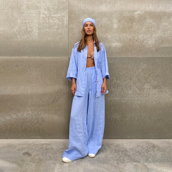 Disfraz de tres piezas Ropa comoda Resort Ropa de estar por casa para mujer Traje de lino natural Pijama holgado Pantalon ancho con bolsillos y camisa. Etsy Espana