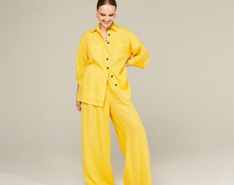 Leinen Trainingsanzug für Frauen, zweiteilige Set, Leinenanzug Frauen, Leinenhose und Leinenbluse, Sommerset, Resort Wear