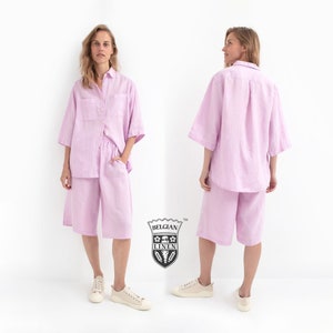 Pink Linen Two Piece Set: Handmade Belgian Linen Shirt & Shorts