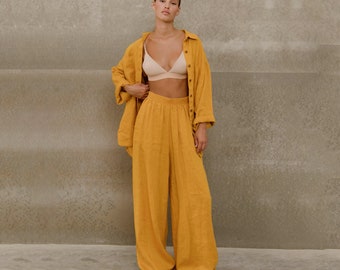 Resort wear for women, Linen clothing, Beach wide leg pants and shirt with pockets, Loungewear