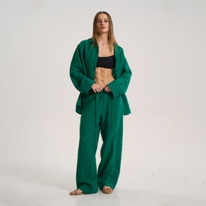 Two Piece Linen Set, Emerald Green Womens Suit, Linen Summer Clothing, Linen Shirt And Pants, Beach Set, Resort Wear