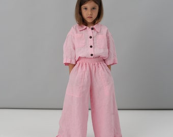 Pink Kids Clothes, Girls Linen Suit, Organic Two Piece Set, Linen Childrens Clothing, Summer Shirt, Baby Girl Clothes