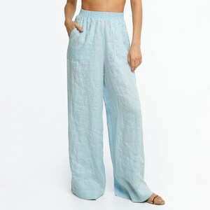 Blaue Leinen Palazzohose: Boho Hose mit weitem Bein und Taschen