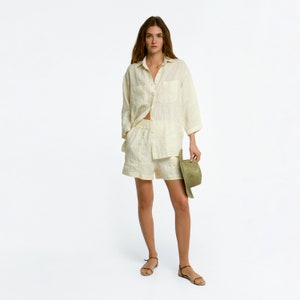 Linen Two Piece Set, Bridesmaids Shirt And Shorts Set, Summer Bride Suit, Linen Handmade Clothing, Womans Linen Suit