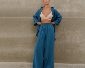 Leinen Loungewear, Pyjama Set, Frauen Zweiteiler Set, Blauer Trainingsanzug, Freizeitanzug für Frauen, Leinenbekleidung