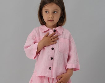 Ropa de lino para niños, camisa de lino rosa, ropa para niños hecha a mano, camisa de verano, camisa de cumpleañera