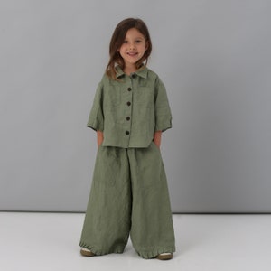 Linen Kids Clothes, Green Two Piece Linen Set, Baby Girl Linen Suit, Summer Shirt And Linen Pants, Linen Clothing