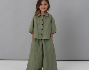 Linen Kids Clothes, Green Two Piece Linen Set, Baby Girl Linen Suit, Summer Shirt And Linen Pants, Linen Clothing