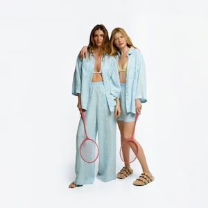 Linen Two Piece Set, Womens Linen Suit, Linen Pants and Summer Shirt, Linen Beach Set, Blue Linen Set, Linen Clothing