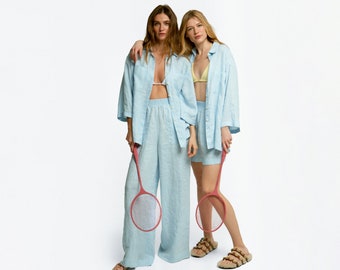 Linen Two Piece Set, Womens Linen Suit, Linen Pants and Summer Shirt, Linen Beach Set, Blue Linen Set, Linen Clothing