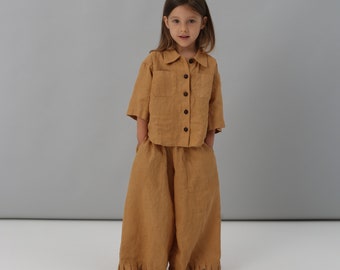 Linen Kids Clothes, Girls Two Piece Set, Linen Suit, Childrens Handmade Clothing, Summer Shirt, High Waisted Pants