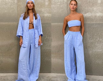 Blue Two Piece Set, Linen Suit, Women Handmade Clothing, Summer Shirt, Linen Palazzo Pants, Resort Wear