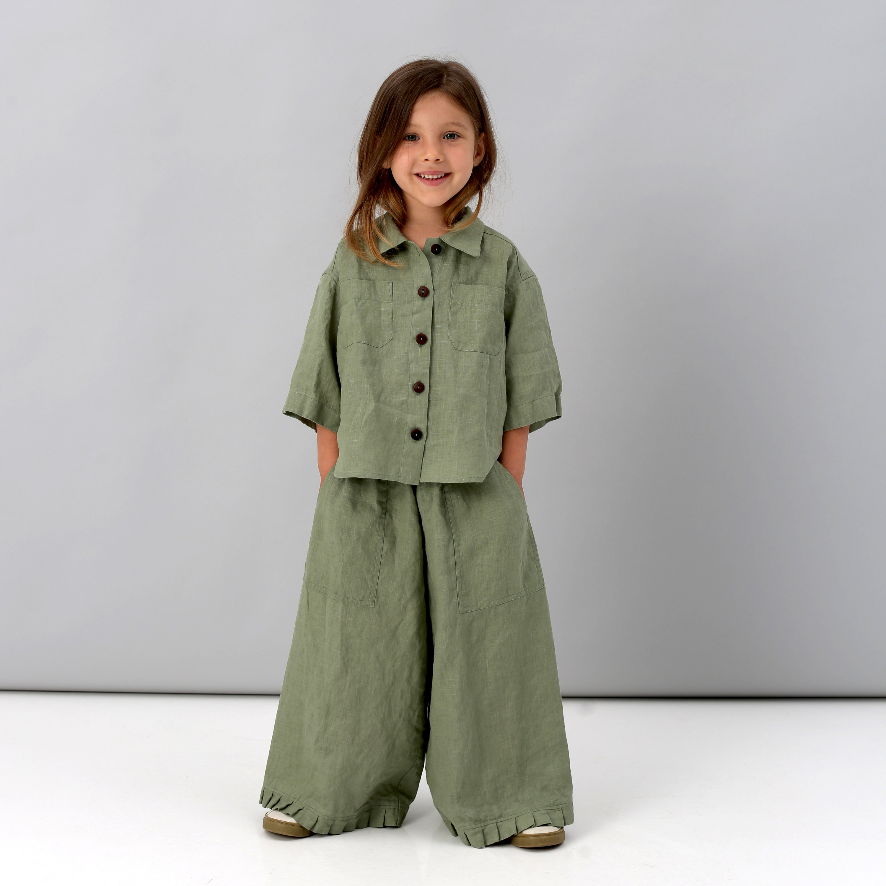 スーパーセール Linen Kids Clothes, Green Two Piece Linen Set, Baby Girl Clothing