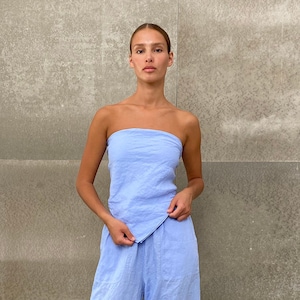 Linen Blouse, Blue Linen Crop Top, Summer Blouse, Women Sleeveless Top, Tie Back Top With Open Back, Summer Linen Clothing