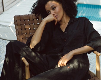 Black Linen Suit, Womens Tracksuit, Linen Palazzo Pants, Linen Summer Shirt, Womens Handmade Clothing, Beach Clothing, Linen Two Piece Set