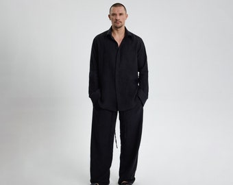 Mens Linen Clothing, Black Linen Set, Handmade Suit, Classic Linen Shirt, Loose Fit Pants with Pockets, Mens Summer Clothing