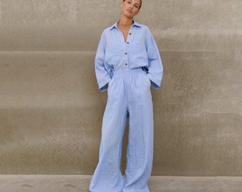 Blue Two Piece Linen Set, Womens Linen Suit, Maternity Linen Set, Linen Clothing, New Mom Gift, Maternity Gown