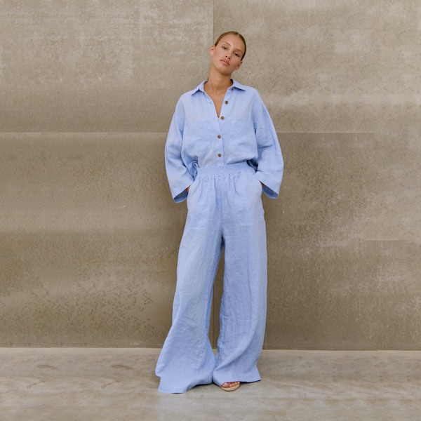 Blue Two Piece Linen Set, Womens Linen Suit, Maternity Linen Set, Linen Clothing, New Mom Gift, Maternity Gown