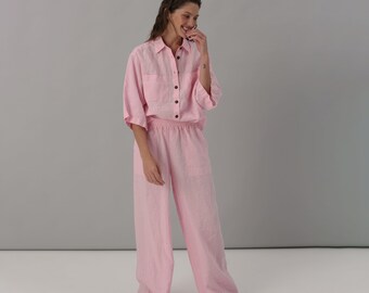 Pink Two Piece Linen Set, Summer Linen Suit, Womens Loungewear, Linen Shirt And Linen Pants, Matching Resort Wear, Summer Linen Clothing