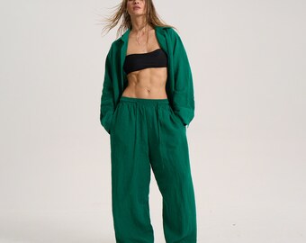 Linen Palazzo Pant Set: Women&#39;s Summer Shirt & Trousers