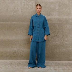 Handmade Blue Linen Two Piece Set: Women&#39;s Resort Wear
