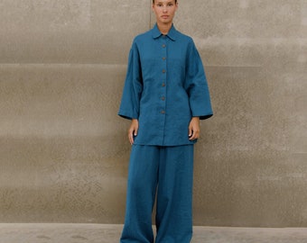 Women Two Piece Set, Blue Linen Suit, Handmade Linen Clothing, Linen Summer Shirt, Resort Wear, Linen Beach Set