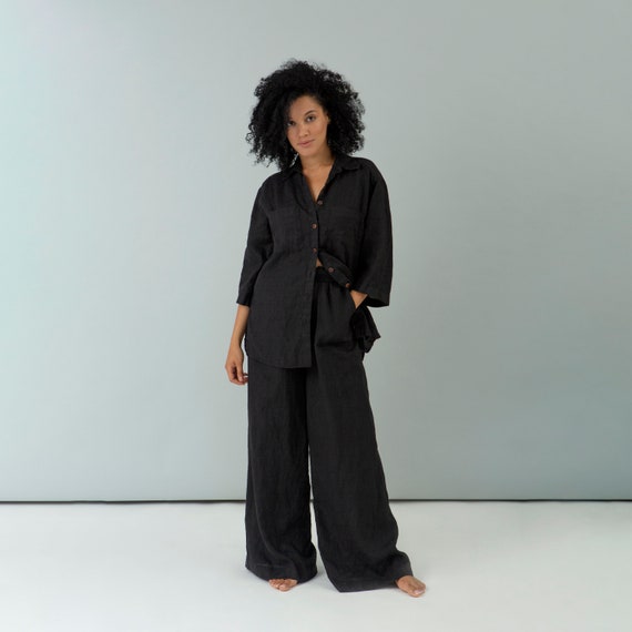 Black Linen Two Piece Set: Handmade Palazzo Pants Suit - Etsy